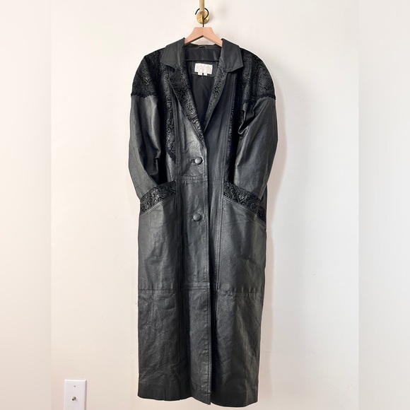 Vintage Black Contrasting Paisley Leather Panels Trench Jacket By: Studio C Sz L - Picture 10 of 12